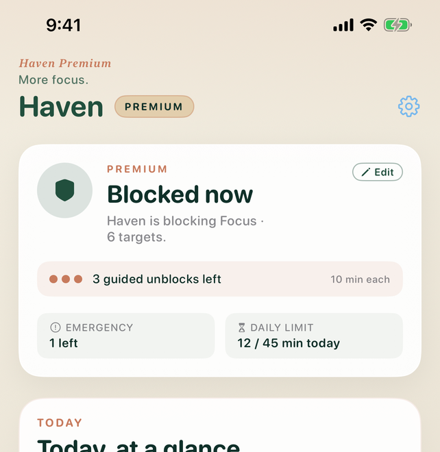 Haven Premium home screen showing Focus blocked now with 6 targets, guided unblocks, emergency unlock, and a daily limit.