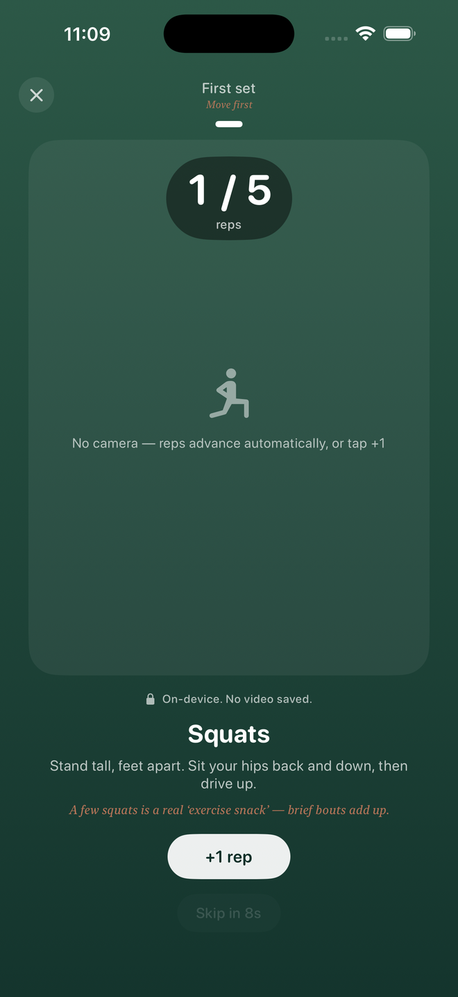 Haven movement screen: First set, 1 of 5 reps, Squats. No camera, reps advance automatically, or tap +1. On-device. No video saved.