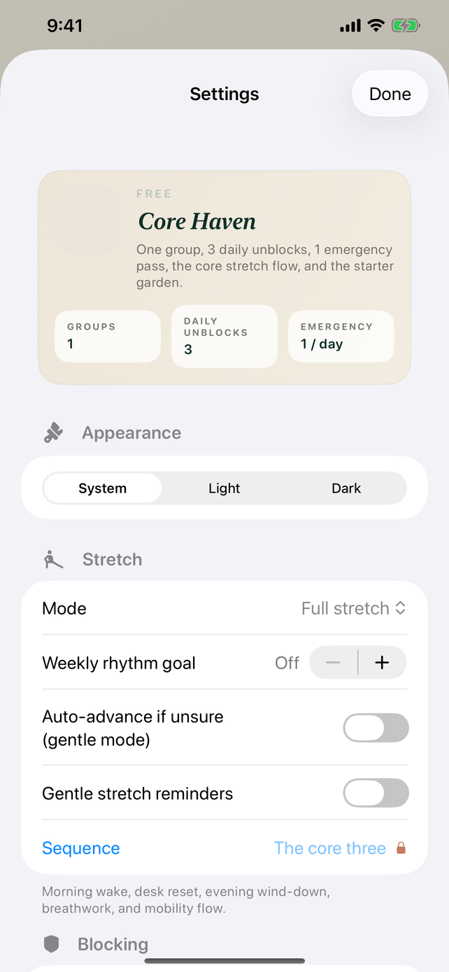 Haven Premium settings with stretch mode, weekly rhythm goal, gentle mode, and sequence controls.