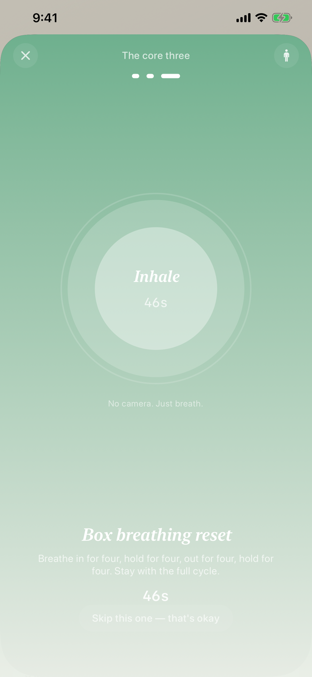 Breath-only reset screen showing an inhale step in Haven.